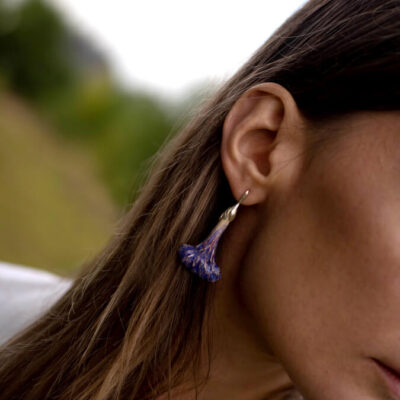 Ceramic purple art nouveau floral earrings,Boho stud earrings fantasy woman sculptural jewelry, art deco ceramic earrings love of nature