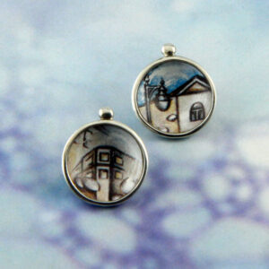 Original village miniature painting jewelry,Hand painted street lamp Stud earrings,optical illusion art scale micro miniature,lantern art